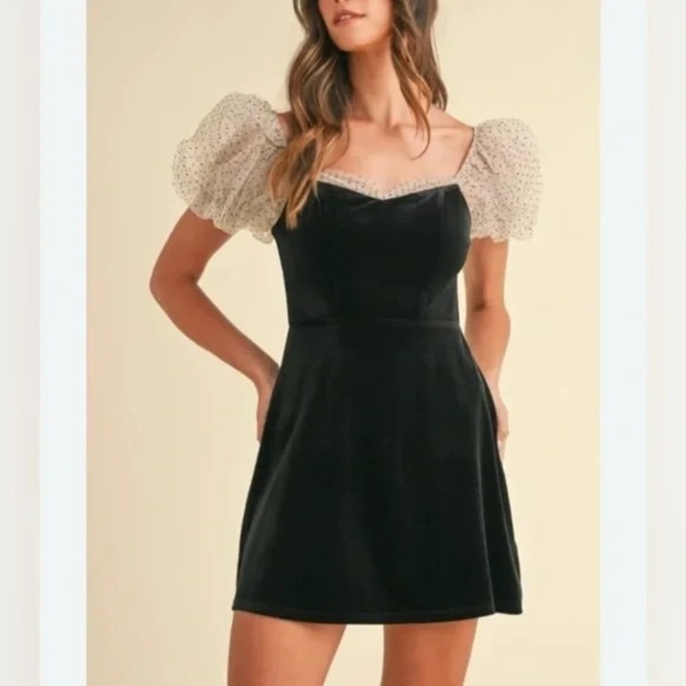 Camila Coelho Heirloom Velvet Tulle Puff Sleeve Flocked Dot Dress Black SMALL S - Picture 2 of 10